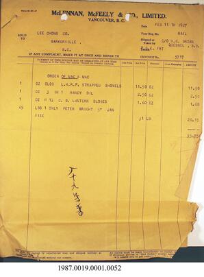 Invoice, 1927 - Hong And Lee Chong Collection