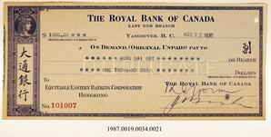 Cancelled Cheque, 1930 - Hong And Lee Chong Collection