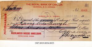 Cancelled Cheque, 1929 - Hong And Lee Chong Collection