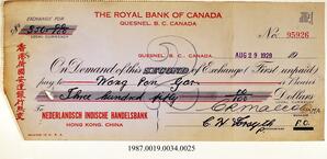Cancelled Cheque, 1929 - Hong And Lee Chong Collection