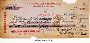 Cancelled Cheque, 1929 - Hong And Lee Chong Collection