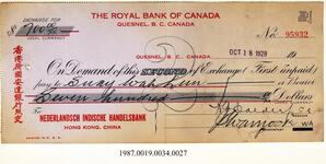 Cancelled Cheque, 1929 - Hong And Lee Chong Collection