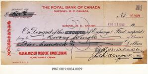 Cancelled Cheque, 1930 - Hong And Lee Chong Collection