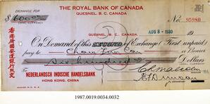 Cancelled Cheque, 1930 - Hong And Lee Chong Collection