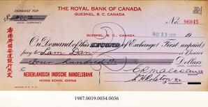 Cancelled Cheque, 1931 - Hong And Lee Chong Collection