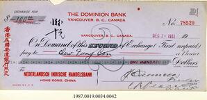 Cancelled Cheque, 1931 - Hong And Lee Chong Collection
