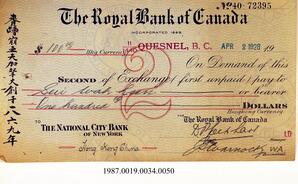 Cancelled Cheque, 1928 - Hong And Lee Chong Collection
