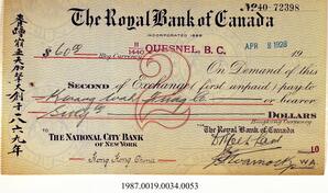 Cancelled Cheque, 1928 - Hong And Lee Chong Collection