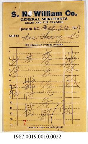 Invoice, 1939 - Hong And Lee Chong Collection