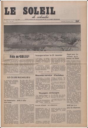 Le Soleil de Colombie, January 25, 1974, page 1