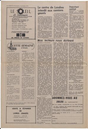 Le Soleil de Vancouver, November 9, 1973, page 2