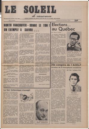 Le Soleil de Vancouver, September 28, 1973, page 1