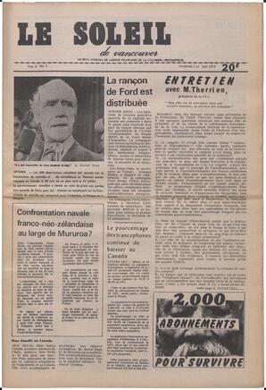 Le Soleil de Vancouver, May 1, 1973, page 1
