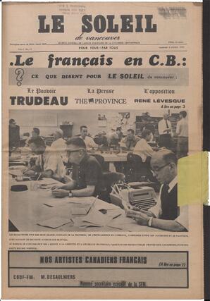 Le Soleil de Vancouver, October 2, 1970, page 1