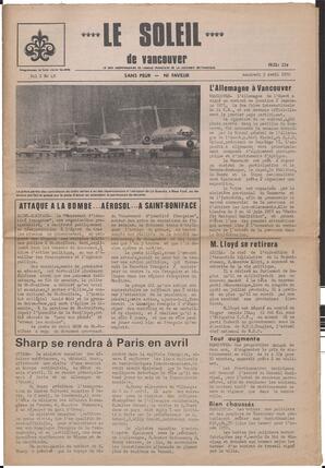 Le Soleil de Vancouver, April 3, 1970, page 1