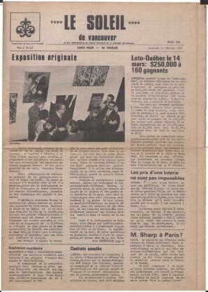 Le Soleil de Vancouver, February 13, 1970, page 1