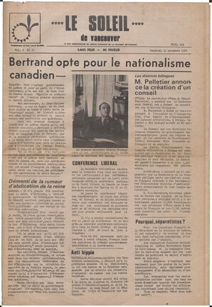 Le Soleil de Vancouver, November 21, 1969, page 1