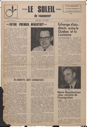 Le Soleil de Vancouver, April 18, 1969, page 1