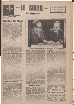 Le Soleil de Vancouver, December 13, 1968, page 1