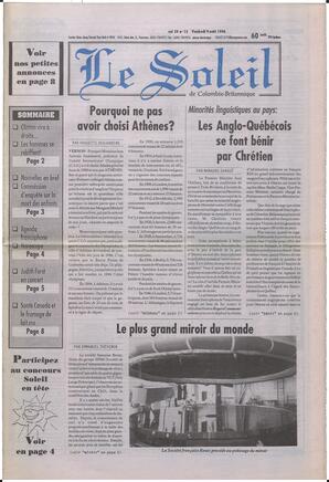 Le Soleil de Colombie-Britannique, August 9, 1996, page 1