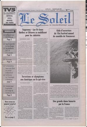 Le Soleil de Colombie-Britannique, August 2, 1996, page 1