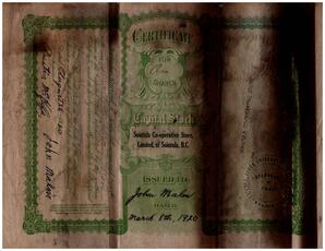 Reverse side of John Malm Certificate for Shares