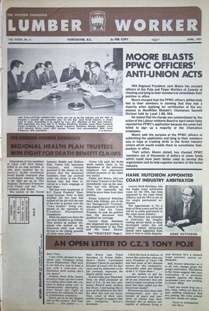   The Western Canadian Lumber Worker, Vol. XXXIX No. 4, Apr. 1971   , page 1