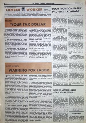  The Western Canadian Lumber Worker, Vol. XXXIX No. 2, Feb. 1971   , page 12