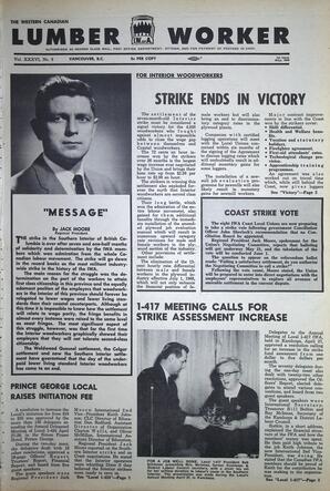   The Western Canadian Lumber Worker, Vol. XXXVI, No. 9, 1st Issue May 1968   , page 1