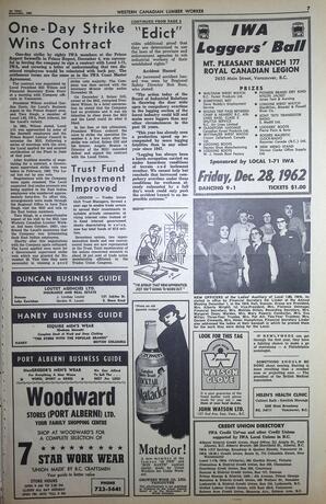   The Western Canadian Lumber Worker, Vol. XXIX, No. 23, 1st Issue Dec. 1962   , page 7