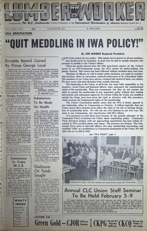   The Western Canadian Lumber Worker, Vol. XXIX, No. 2, 2nd Issue Jan. 1962   , page 1