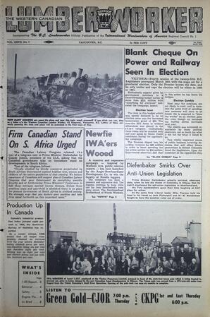   The Western Canadian Lumber Worker, Vol. XXVII, No. 7, 1st Issue Apr. 1960   , page 1