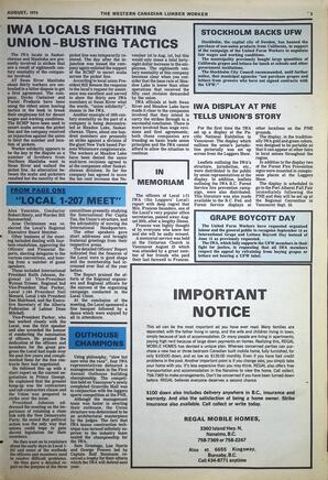   The Western Canadian Lumber Worker, Vol. XLII No. 6, Aug. 1974   , page 3