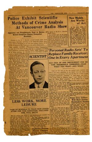 Newspaper clipping, "Police Exhibit Scientific Methods of Crime Analysis At Vancouver Radio Show": 15-Sep-33