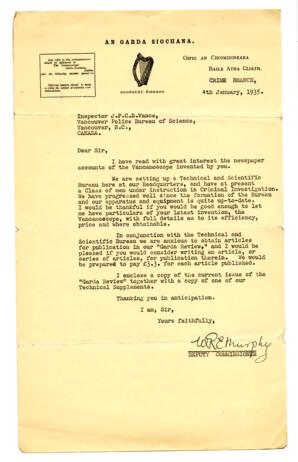 Letter to Vance , from WRE Murphy the Deputy Commissioner of AnGarda Siochana: 04-Jan-35