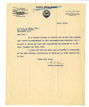 Letter to Vance, from Canadian Mining Institute: 14-Sep-20