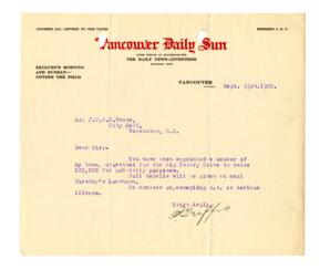 Letter to Vance, from Vancouver Daily Sun: 23-Sep-20