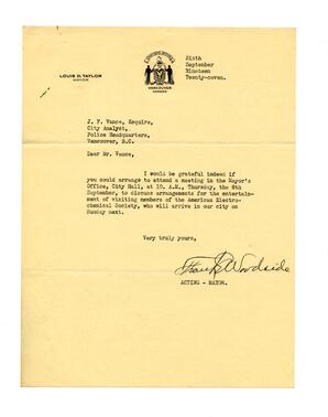 Letter to Vance from Frank Woodside, Actiing Vancouver Mayor: 06-Sep-27