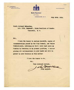 Letter to Lieut. Colonel McSpadden, from Vance: 20-Jul-16