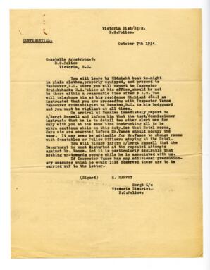 Letter (confidential) to Constable Armstrong of BC Police, from R. Harvey, Sergt., Victoria: 07-Oct-34