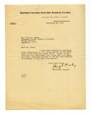 Letter to Vance, from Publicity Manager of British Columbia Electric Railway Co.: 29-Sep-33