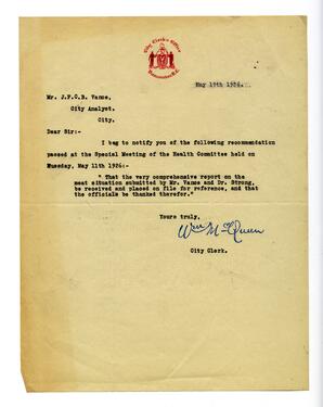 Letter to Vance, from Wm McQueen, City Clerk: 19-May-26
