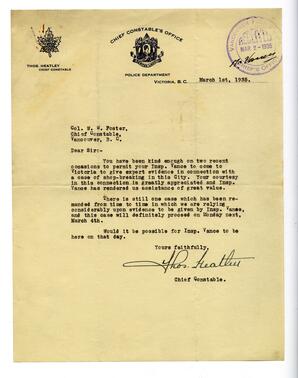Letter to Col. W.W. Foster, Chief Constable, from Thos. Heatley, Chief Constable: 01-Mar-35