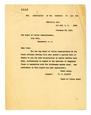 Letter (copy) to The Board of Police Commissioners, from R.F. Blandy: 27-Feb-39
