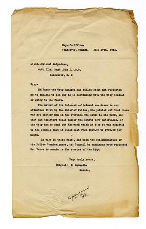 Letter (copy) to Lieut. Colonel McSpadden, from Mayor M. McBeath: 17-Jul-16