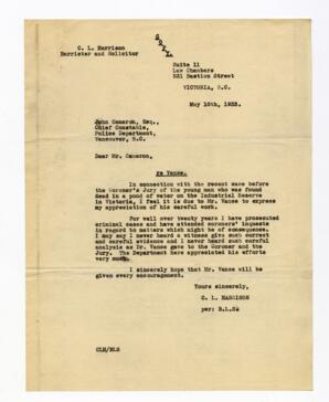 Letter to John Cameron, from C.L. Harrison: 10-May-33