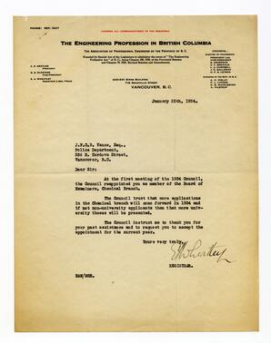 Letter to Vance, from E.A. Wheatley, Registrar of The Engineering Profession in British Columbia: 25-Jan-34