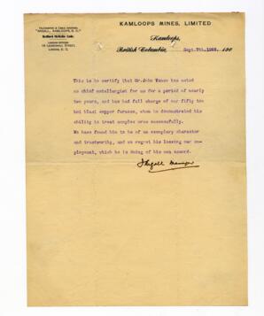 Vance's Chief Metallurgist Reference Letter from Kamloops Mines, Ltd: 07-Sep-06