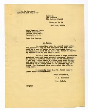 Letter to John Cameron, from C.L. Harrison: 10-May-33