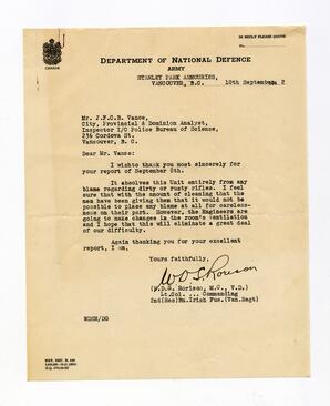 Letter to Vance from W.D.S. Rorison, M.C., V.D.: 10-Sep-42